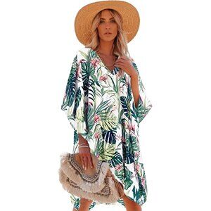 Women's Green Leaves 100% Viscose Kaftan Bathing Swimsuit Floral Pattern Dress